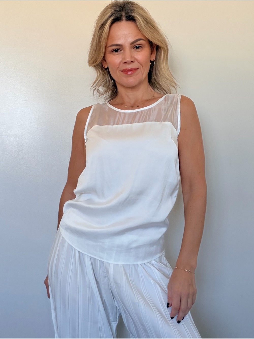 Almina Concept Sheer Yoke Satin Cami in White